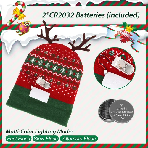 Vista 2 de HuiJuKeJi 2 Pieces Christmas Knitted Light Up Hat Santa Hat with Colorful LED Unisex Winter Beanie Sweater Cap