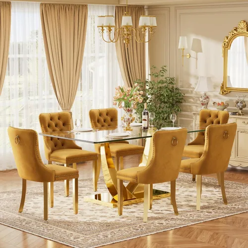 Vista 47 de Juego de mesa de comedor de cristal moderno de mediados de siglo para 4, 63 pulgadas, juego de comedor rectangular grande de lujo con parte superior