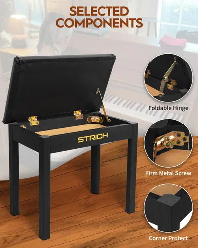 Vista 5 de STRICH Banco de piano con almacenamiento, banco de teclado de madera maciza, taburete con cojín acolchado, color negro