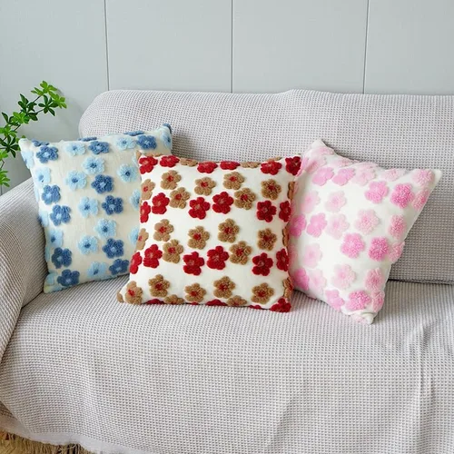 Vista 4 de Funda de almohada de forro polar bereber de gamuza camelia, funda de cojín tridimensional de flores para sala de estar, sofá, oficina, cabecero Rosa