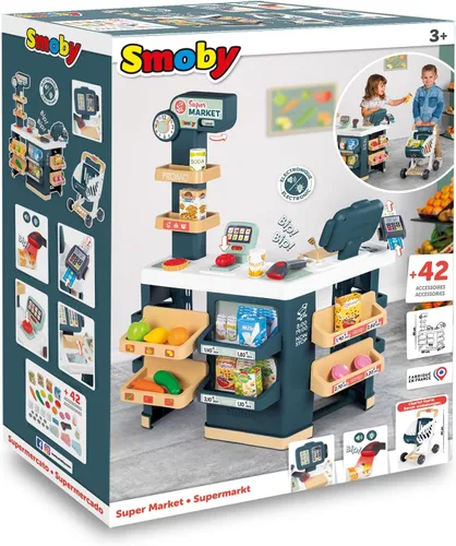 Vista 5 de Smoby - Supermercado, carrito de compras para niños incluido, báscula mecánica, funciones electrónicas y 42 accesorios para una experiencia