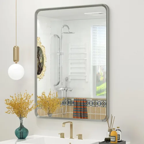 Vista 56 de OKPAL - Espejo de tocador de baño de 20x24 pulgadas con marco de metal cepillado en bronce, espejo de baño con marco de metal cepillado en bronce
