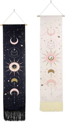 Vista 6 de Ochine Paquete de 2 tapices de fase lunar para colgar en la pared, tapices bohemios, fases blancas y negras, decoración del hogar para sala de estar