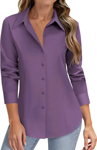 Vista 10 de HOTOUCH Camisas de manga larga con botones para mujer, camisas de vestir con protección contra manchas, ajuste delgado, blusas de trabajo, oficina