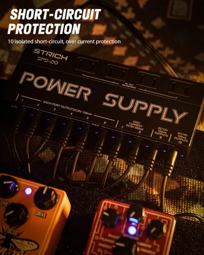 Vista 6 de STRICH SPS-20 Fuente de alimentación para guitarra con 10 salidas DC independientes para pedal de efecto de 9 V/12 V/18 V