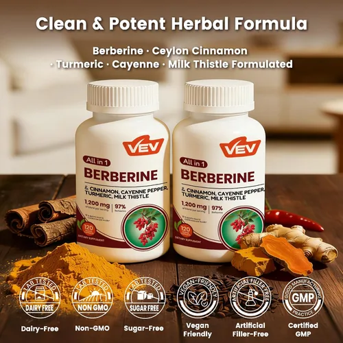 Vista 2 de VEV Berberine Supplement with Ceylon Cinnamon for Daily Wellness Support– 2 Bottles (240 Capsules Total)