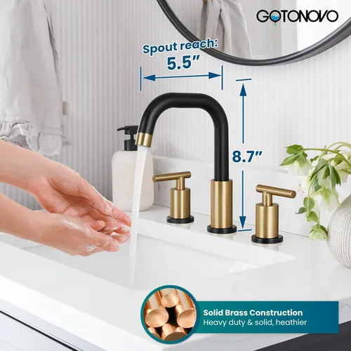 Vista 3 de gotonovo Grifo de lavabo de baño de 8 pulgadas, 3 agujeros, 2 asas, lavabo con drenaje desplegable con válvulas mezcladoras frías y calientes