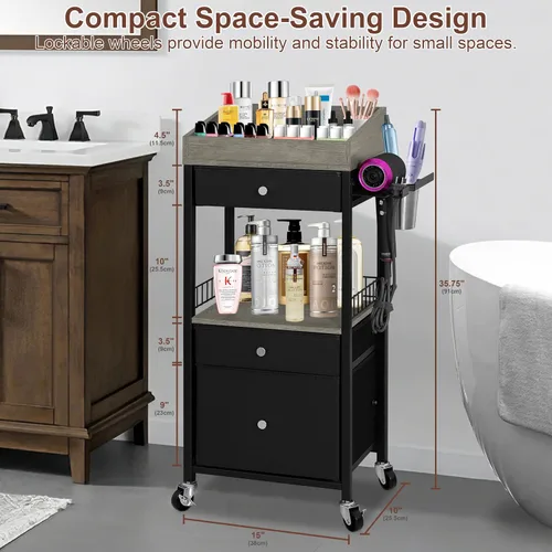 Vista 6 de Carrito organizador de maquillaje con 3 cajones, carrito de almacenamiento de cosméticos rodante con divisores ajustables, soporte de herramientas