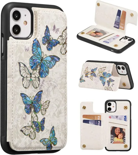 Vista 60 de UEEBAI Funda tipo cartera para iPhone 13 con tarjeteros, piel sintética, diseño floral, función atril, bloqueo RFID, doble cierre magnético, funda