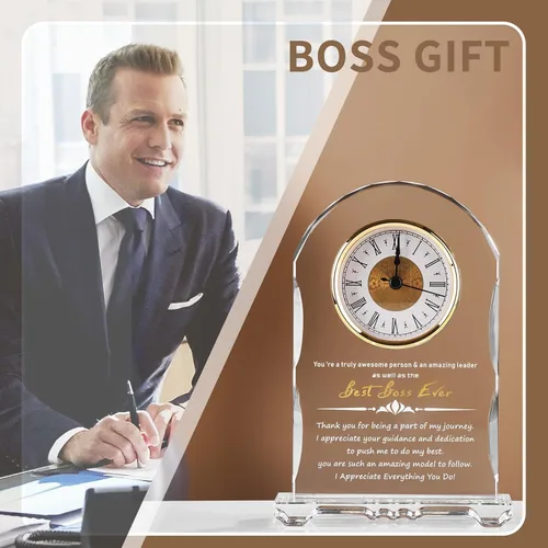 Vista 7 de Reloj de Cristal Significativo para Jubilación, Regalos para Mujeres y Hombres, Mejor Jefe de Todos, Feliz Reloj de Jubilación Placa de Regalo
