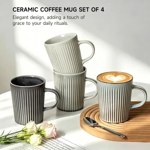 Vista 3 de Juego de 4 tazas de café, tazas de café grandes de cerámica a rayas de 16