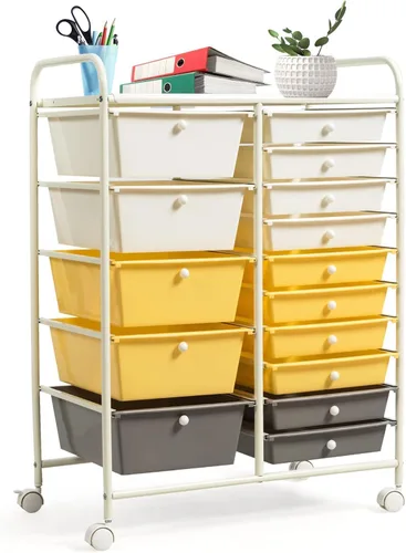Vista 15 de LUARANE - Carrito rodante con 15 cajones, carrito de almacenamiento para manualidades con asas portátiles y ruedas con cerradura, organizador
