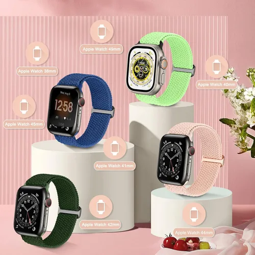 Vista 2 de Paquete de 5 correas ajustables compatibles con Apple Watch de 1.496 in 1.575 in 1.614 in 1.654 in 1.732 in 1.772 in 1.929 in, nailon trenzado Solo