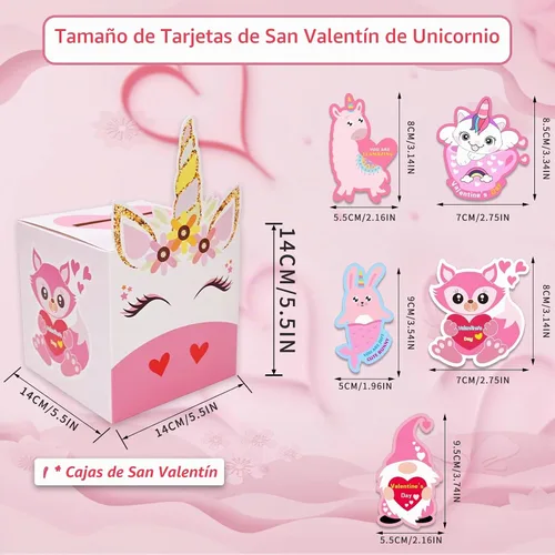 Vista 4 de Cajas de San Valentín, 33 tarjetas de unicornio para el día de San Valentín y buzón de San Valentín para intercambio de suministros de fiesta
