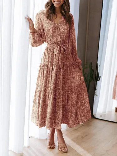 Vista 4 de PRETTYGARDEN - Vestido largo para mujer, de manga larga, cuello en V, estampado de leopardo, volantes, lazo en la cintura, estilo bohemio, de gasa