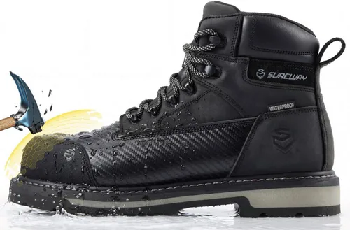 Vista 4 de SUREWAY Botas de trabajo para hombre de 6 pulgadas, impermeables, suaves/compuestas, cuero de caballo loco resistente, con cordones antideslizantes