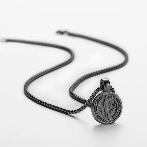 Vista 4 de FSYAEGZA Collar con colgante de medalla de exorcismo de San Benito para hombre, de acero inoxidable, colgante de cruz religiosa católica, colgante