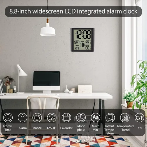 Vista 6 de Reloj de pared atómico con pantalla de números grandes para interiores y exteriores Wall Clock Battery Operated, Alarm