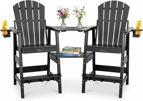 Vista 17 de FUNBERRY Juego de 2 sillas altas Adirondack con mesa de conexión extraíble, silla de balcón alta para todo tipo de clima con portavasos 2