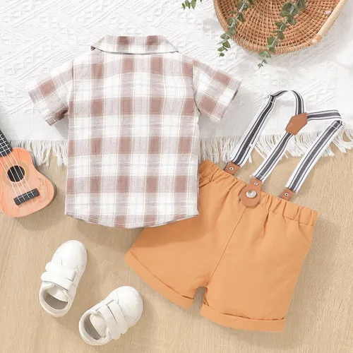 Vista 2 de Welcome New Baby Boy Toddler Boys Short Sleeve Plaid Prints T Shirt Tops Shorts Child Kids Gentleman Outfits