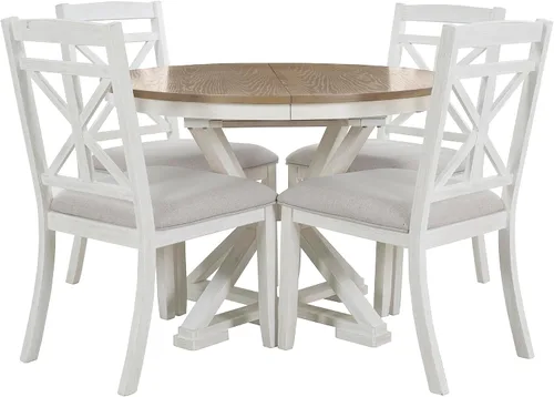 Vista 9 de Juego de mesa de comedor de 5 piezas, mesa redonda extensible funcional retro y 4 sillas tapizadas para comedor, sala de estar, marrón + blanco