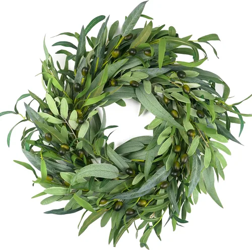 Vista 8 de Corona de olivo para puerta delantera de 22 pulgadas, corona de vegetación para todas las estaciones con hojas de olivo y frutos, decoración