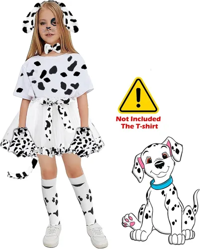 Vista 3 de Pikpops 7Pcs Girls Dalmatian Costume Set with Tutu Skirt, 100th Day of School Costume 101 Dalmatian Dog Dress Up Outfits Kids