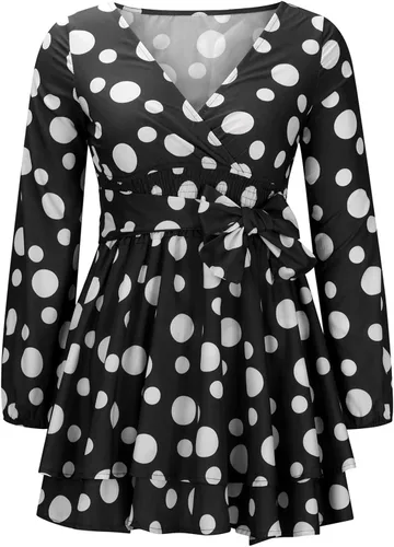 Vista 6 de YZHM Long Sleeve Dress for Women Deep V Neck Polka Dots Print Smocked Waist Short Mini Dress Bowknot Belted Layered Dress