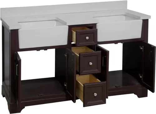Vista 4 de Kitchen Bath Collection Zelda - Mueble de granja doble de 60 pulgadas (cuarzo/chocolate): incluye gabinete de chocolate con impresionante encimera