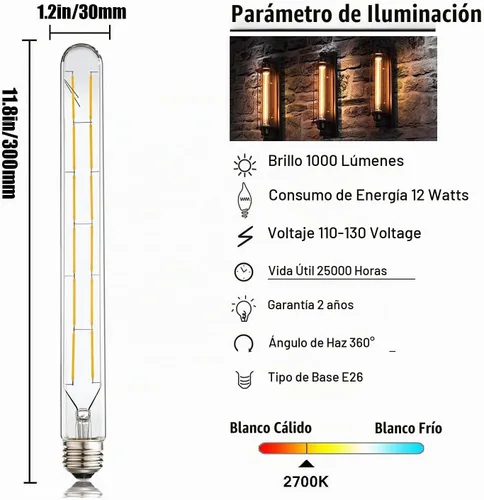 Vista 3 de Leools Bombillas de tubo LED, bombilla tubular de filamento LED T10 estilo Edison, bombilla LED antigua regulable de 12 W, base E26, vidrio Blanco