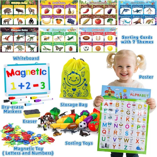 Vista 3 de Juguetes de clasificación para niños de 3 a 5 años, 7 juegos temáticos a juego con pizarra blanca magnética, motricidad fina Montessori y práctica