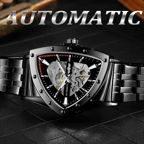 Vista 3 de FORSINING Triangle Skeleton Reloj mecánico automático para hombre, de lujo, dorado, negro, acero inoxidable, impermeable, luminoso, reloj de pulsera