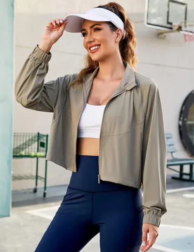 Vista 5 de UANEO Chaqueta deportiva corta para mujer, con cremallera, manga larga, para entrenamiento, gimnasio, yoga, correr, deportes, chaquetas