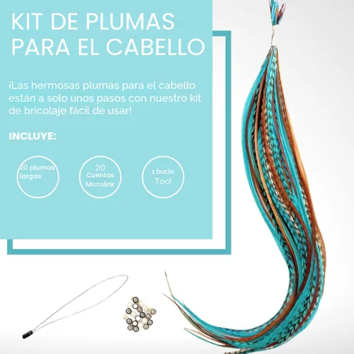Vista 3 de Kit de extensiones de plumas de cabello, plumas de gallo largas reales para cabello con cuentas de microenlace y herramienta de bucle, turquesa