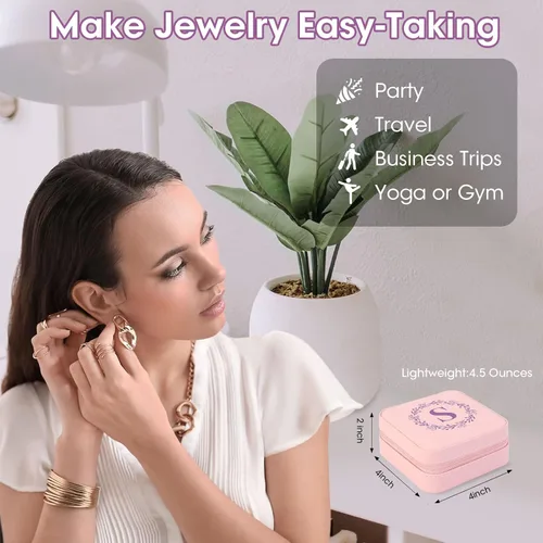Vista 5 de Joyero de viaje personalizado con espejo, organizador de joyas pequeño, regalo ideal con monograma para mujeres y adolescentes, soporte de joyería