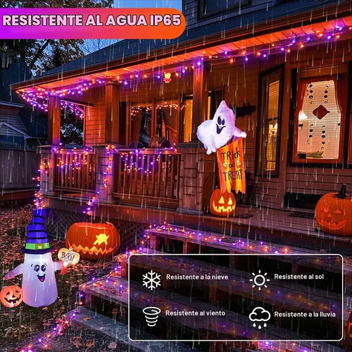 Vista 7 de Luces de cuerda de Halloween de 100 LED, 33 pies, luces titilantes naranjas y moradas con 8 modos, impermeables para decoración de fiesta