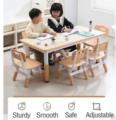 Vista 7 de Juego de mesa y sillas para niños, escritorio ajustable en altura con 6 asientos para edades de 2 a 10 años, mesa de arte y manualidades, escritorio