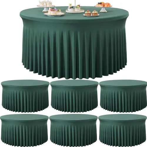 Vista 23 de Paquete de 6 manteles redondos de elastano azul bebé para mesa de 60 pulgadas, manteles elásticos de 120 pulgadas ajustables de 5 pies, manteles