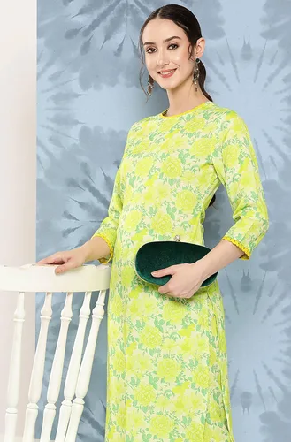 Vista 4 de Janasya Kurta con estampado digital de crepé verde limón para mujer india con palazzo