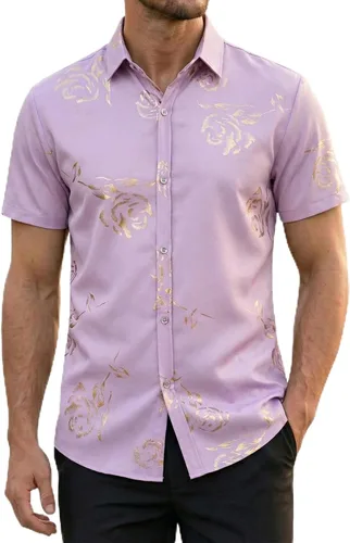 Vista 8 de ZEROYAA - Camisas de vestir de manga corta con estampado de rosa dorada para hombre, estilo hipster, calce ajustado, con botones