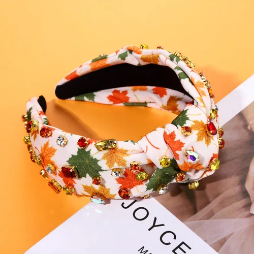 Vista 5 de Diadema de otoño, accesorios de Acción de Gracias para mujer, diadema anudada de cristal con diamantes de imitación, estampado de hojas de arce