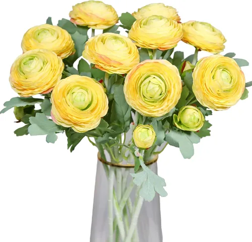 Vista 13 de Flores artificiales de ranúnculo con tallo de tacto real, flores de ranúnculo de seda (azul, 6 unidades)