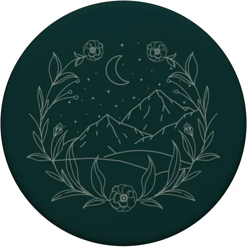 Vista 3 de Boho Mountain Moon Night Botánico Floral (verde bosque) PopSockets PopGrip estándar