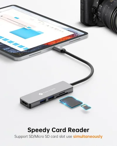 Vista 5 de NOVOO Hub USB C 5 en 1 con adaptador HDMI 4K, 2 puertos USB 3.0, 1 puerto de memoria SD, 1 lector de tarjetas microSD 2 puertos USB 3.0, 1 puerto