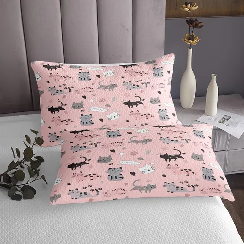 Vista 3 de Erosebridal Juego de colcha de gato rosa, tamaño individual para niñas, gris y negro, juego de ropa de cama para niños y niños, lindo juego