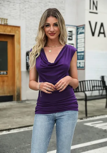 Vista 2 de Zeagoo - Camiseta sin mangas elástica de cuello holgado y fruncido, con drapeado lateral, para mujer