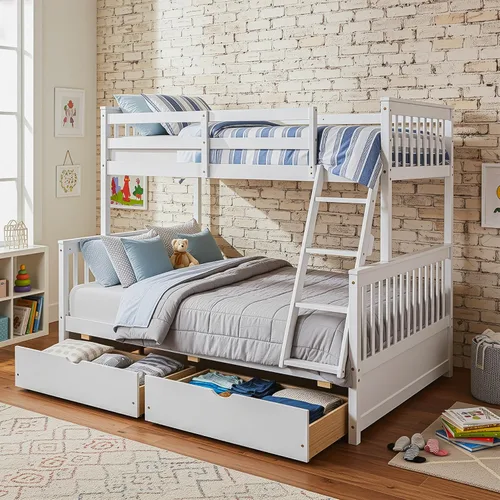Vista 8 de Merax Litera de madera con dos cajones, litera de madera convertible con escaleras y dos cajones de almacenamiento, marco de cama desmontable
