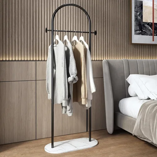 Vista 7 de Perchero independiente con base de mármol, moderno perchero de arco negro para espacios pequeños, perchero de metal resistente, percheros