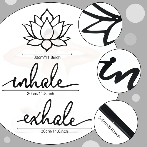 Vista 2 de Ferraycle Inhale Exhale, arte de pared para yoga, meditación, decoración de flor de loto, letrero de yoga, decoración de meditación de metal negro
