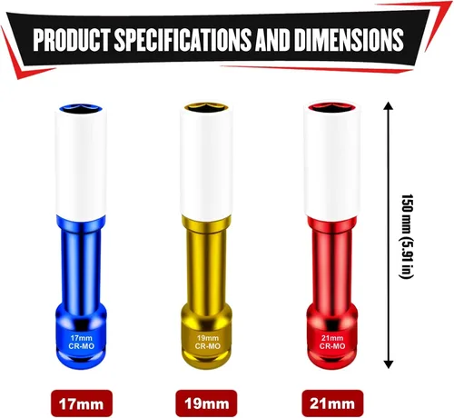 Vista 2 de YIYITOOLS Juego de 3 llaves de tuerca de impacto de 1/2 pulgada, enchufes profundos extra largos de 5.906 in, enchufes de pared delgados de 6 puntos
